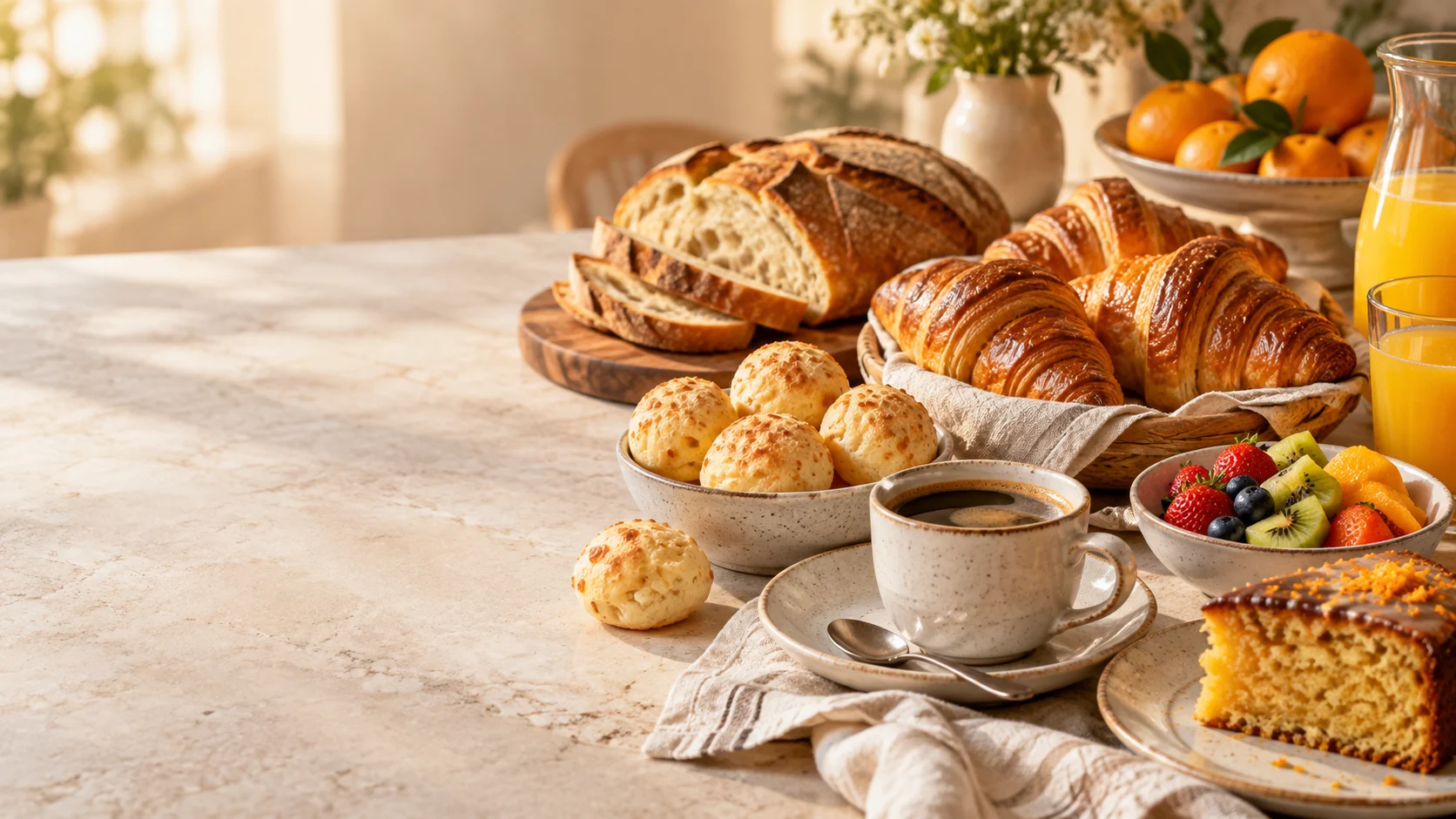 Mesa de café da manhã com pães, croissants, café e frutas — imagem ilustrativa